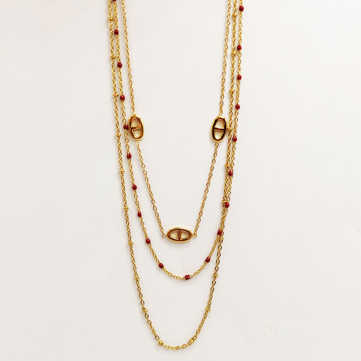 Collier Triple Multi H Luxe et Perles d'imitation Bordeaux Luxe
