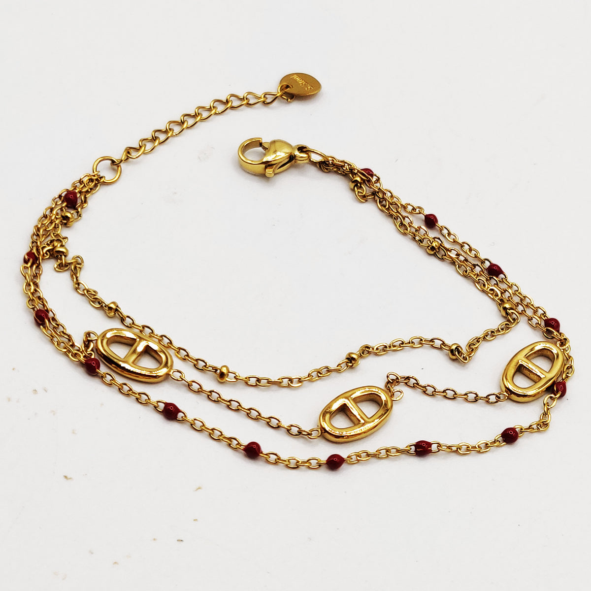 Bracelet Triple Multi H Luxe et Perles d'imitation Bordeaux Luxe