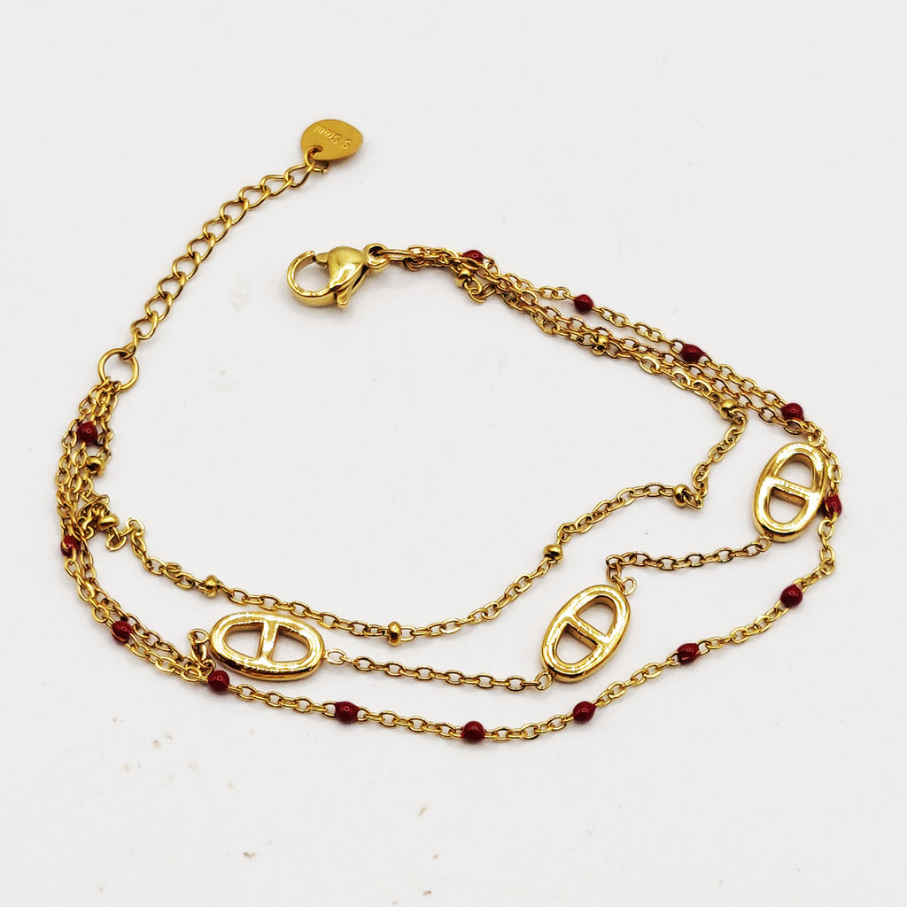 Bracelet Triple Multi H Luxe et Perles d'imitation Bordeaux Luxe