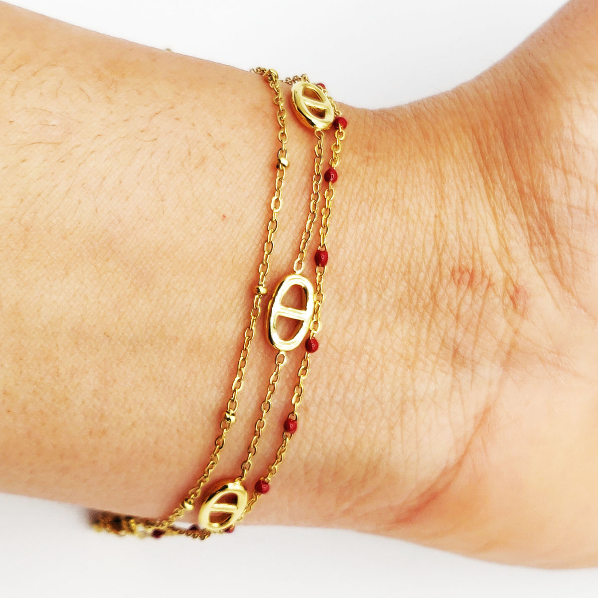 Bracelet Triple Multi H Luxe et Perles d'imitation Bordeaux Luxe