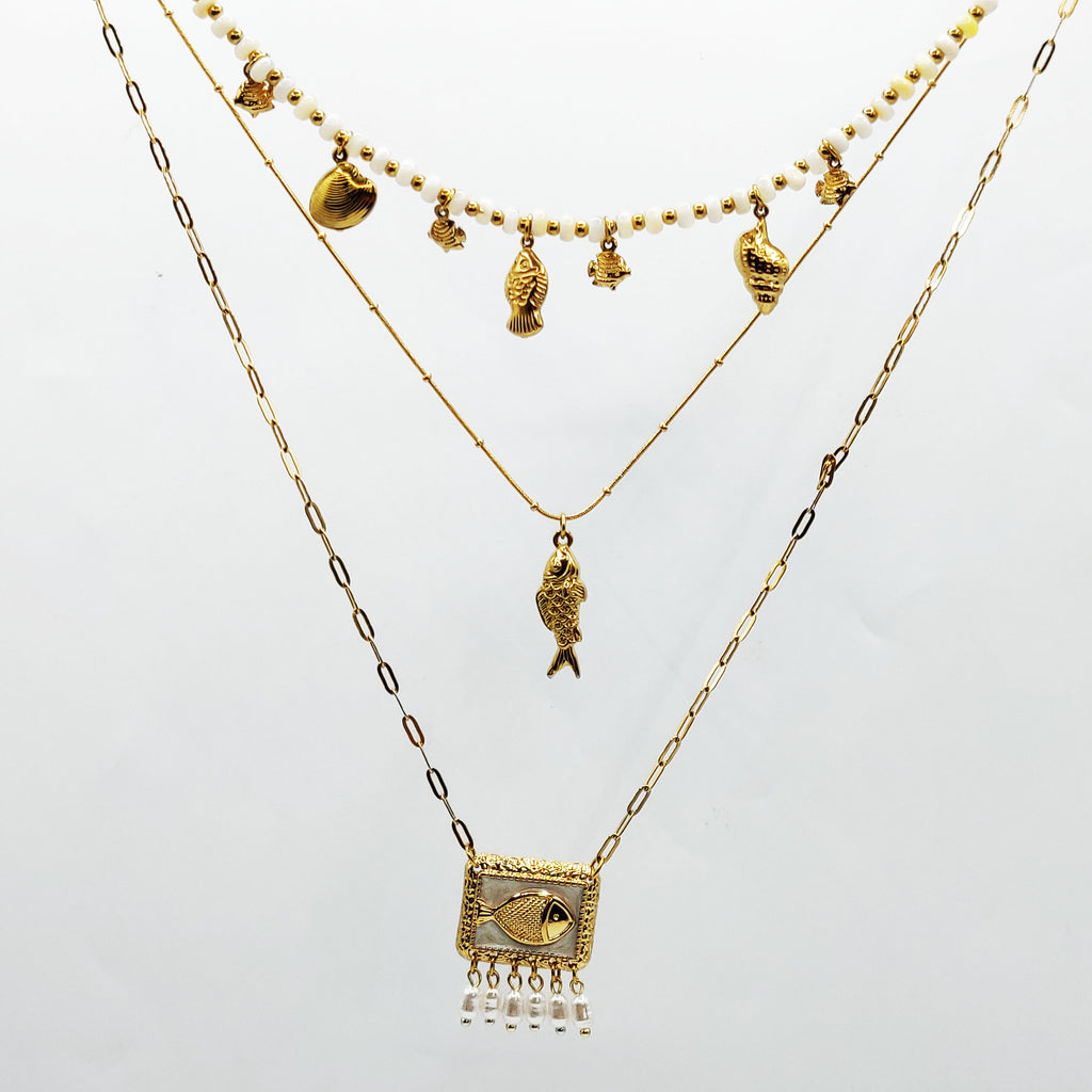 Collier Triple Poissons et Coquillages Perles d'imitation Blanches Luxe