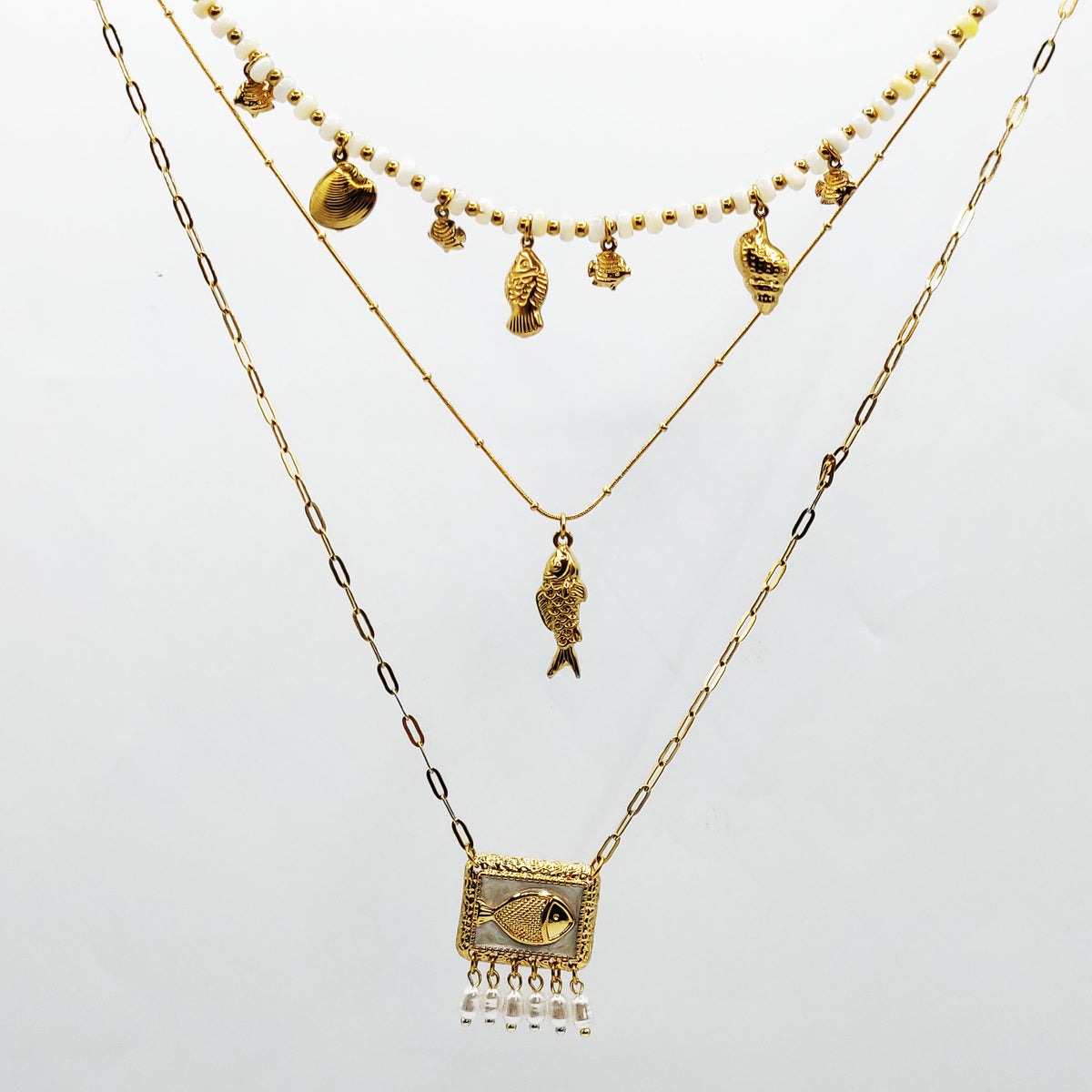 Collier Triple Poissons et Coquillages Perles d'imitation Blanches Luxe
