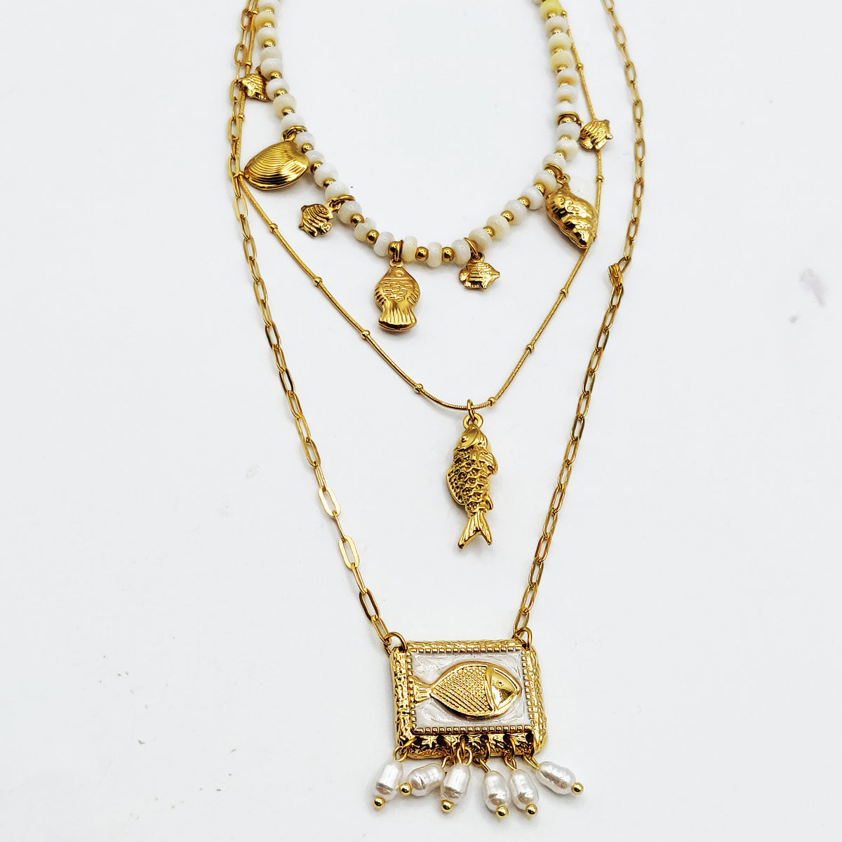 Collier Triple Poissons et Coquillages Perles d'imitation Blanches Luxe