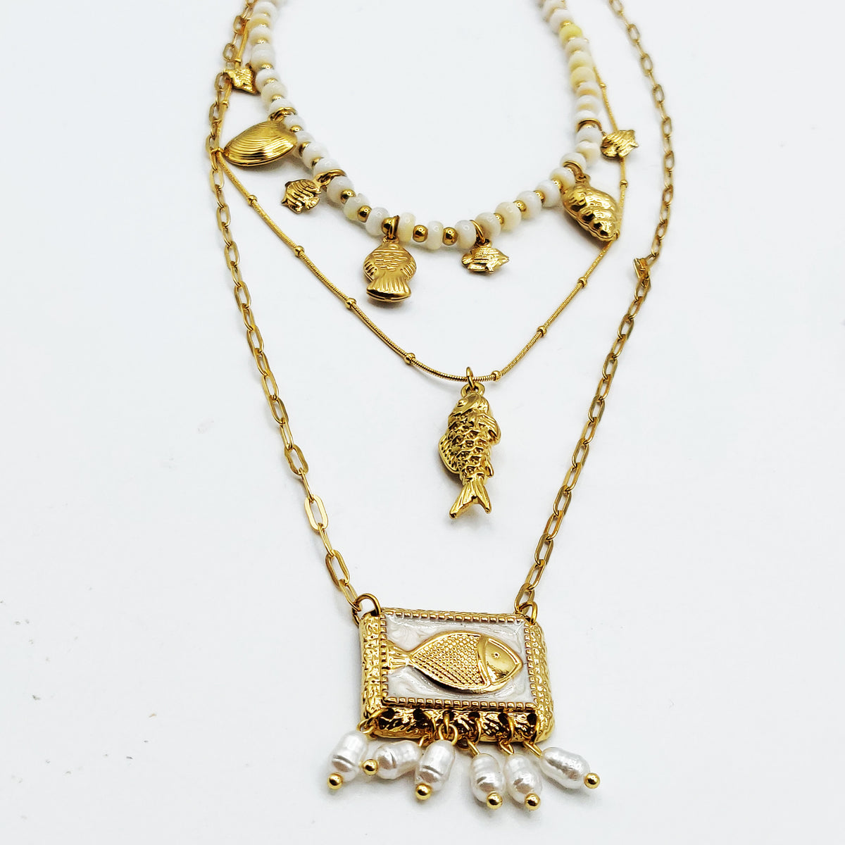 Collier Triple Poissons et Coquillages Perles d'imitation Blanches Luxe