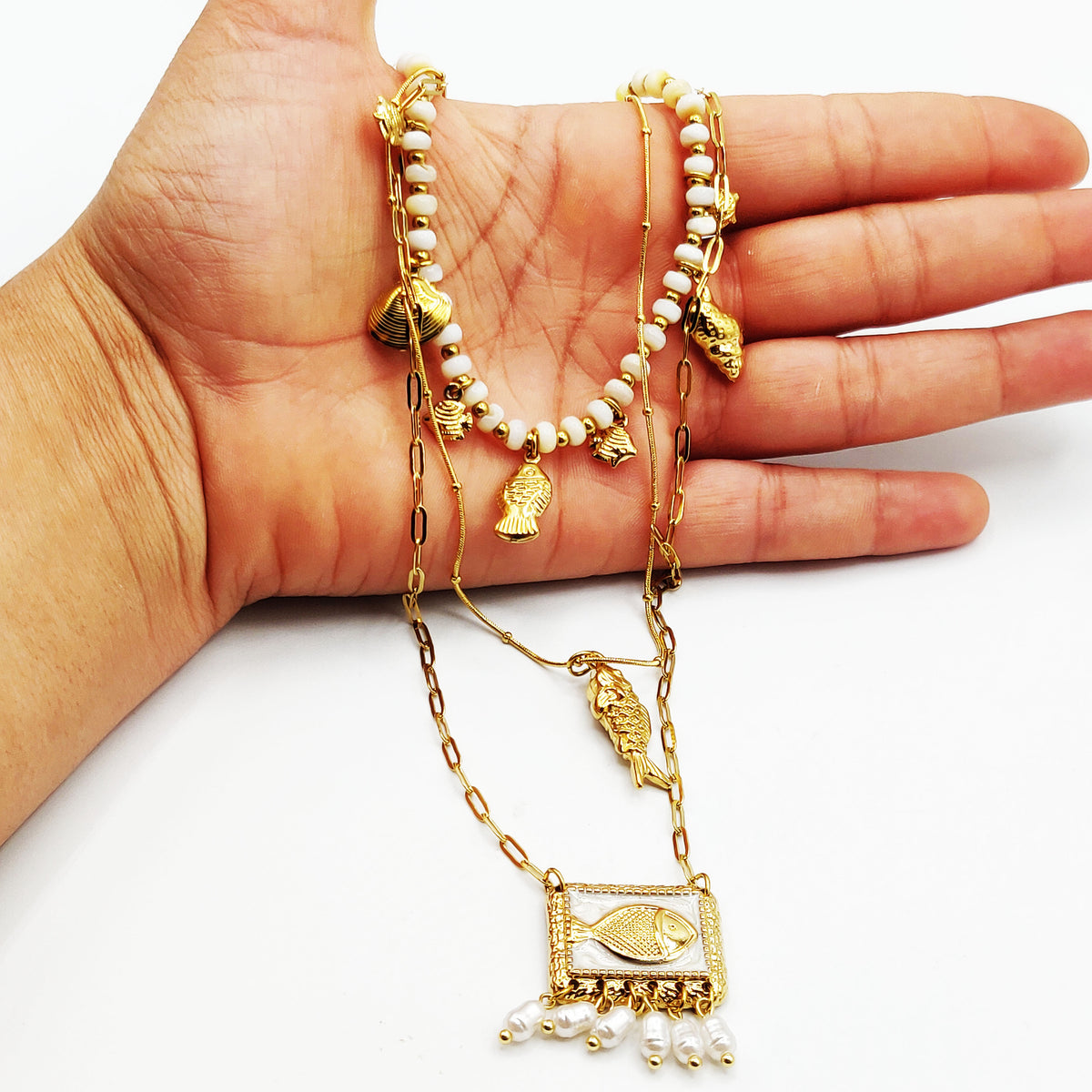 Collier Triple Poissons et Coquillages Perles d'imitation Blanches Luxe