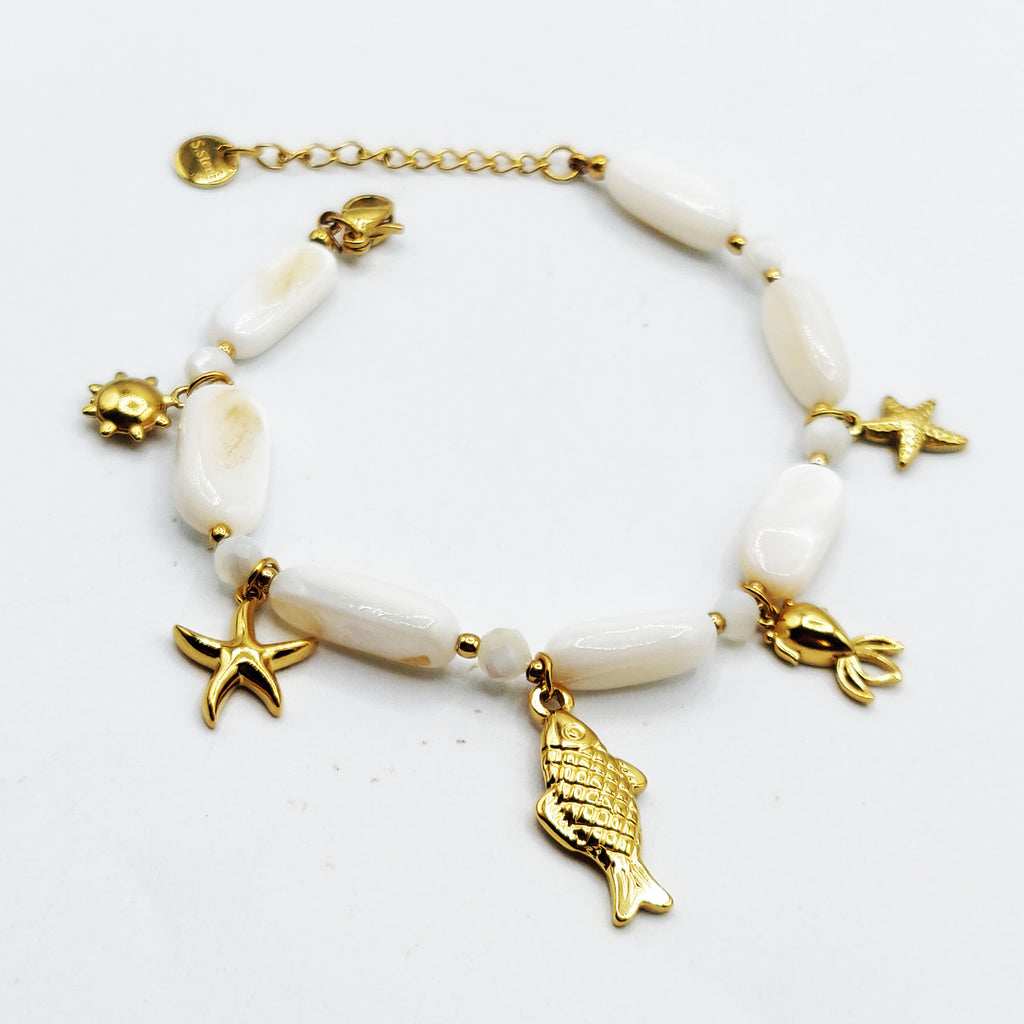 Bracelet Poissons et Coquillages Perles d'imitation Blanches Luxe