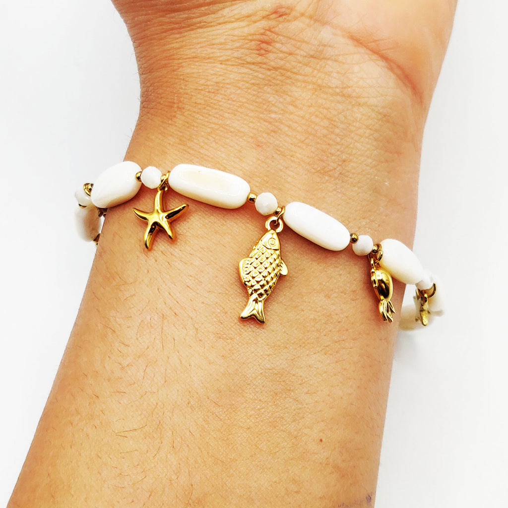 Bracelet Poissons et Coquillages Perles d'imitation Blanches Luxe