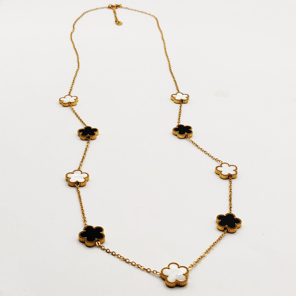 Collier / Sautoir Multi Marguerites Noires et Blanches Tour Perles d'imitation Dorées Luxe