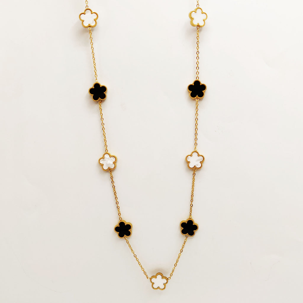Collier / Sautoir Multi Marguerites Noires et Blanches Tour Perles d'imitation Dorées Luxe