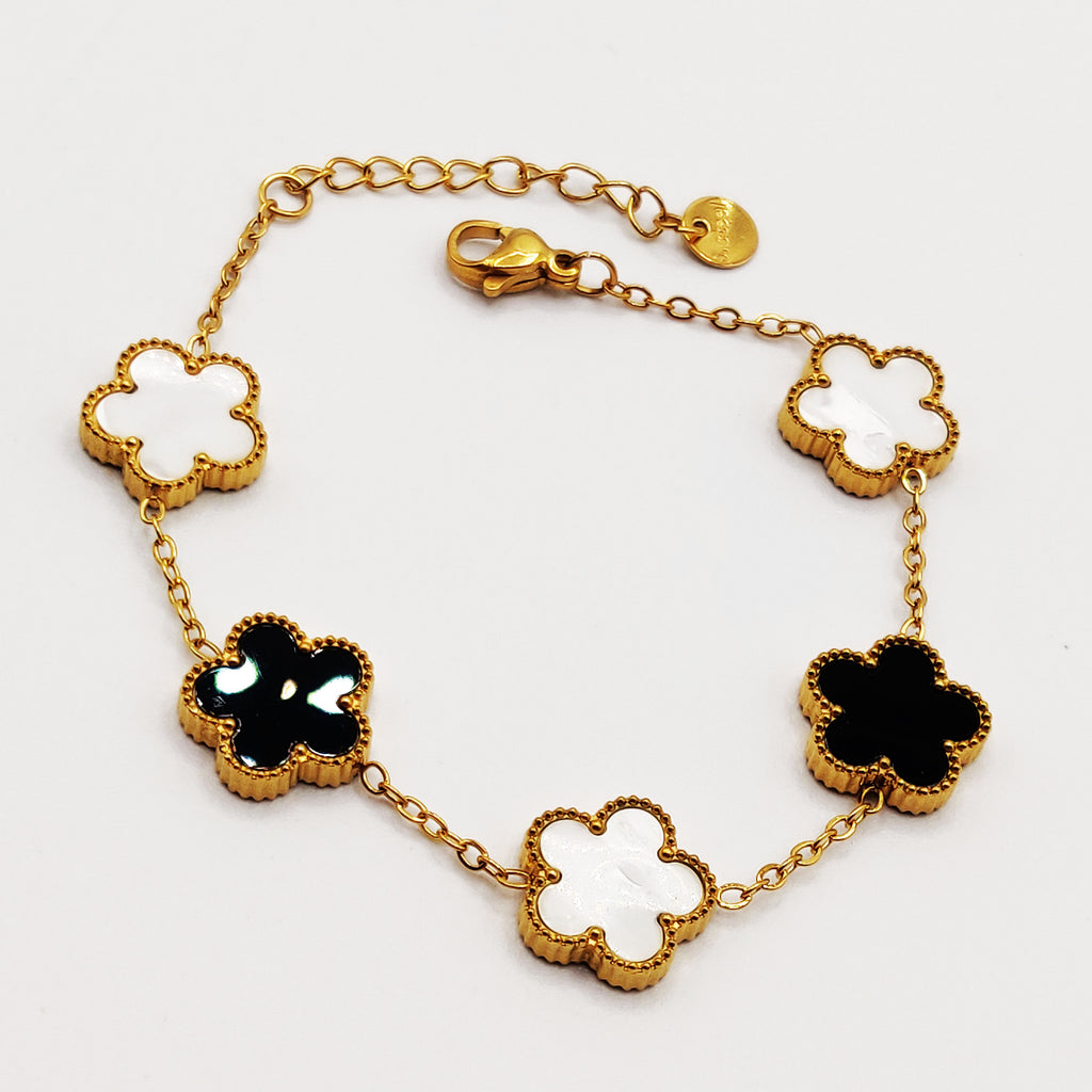 Bracelet Multi Marguerites Noires et Blanches Tour Perles d'imitation Dorées Luxe