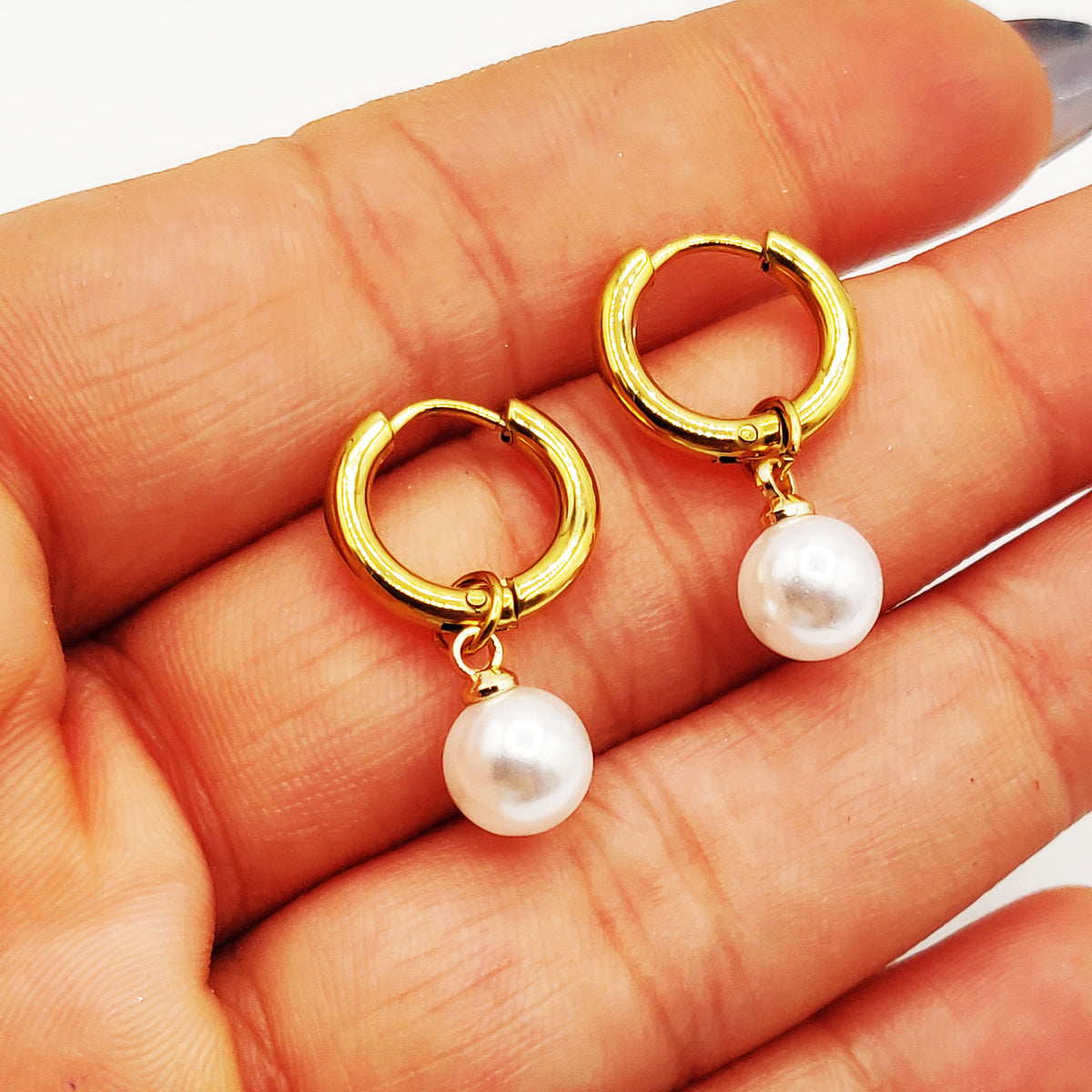 Boucles d'oreilles Créoles Pendentif Perle d'imitation Blanche