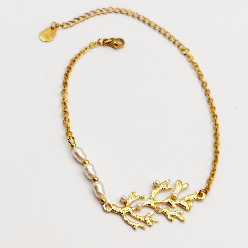 Chaîne de Cheville Branche d'Arbre et Perles d'imitation Blanches