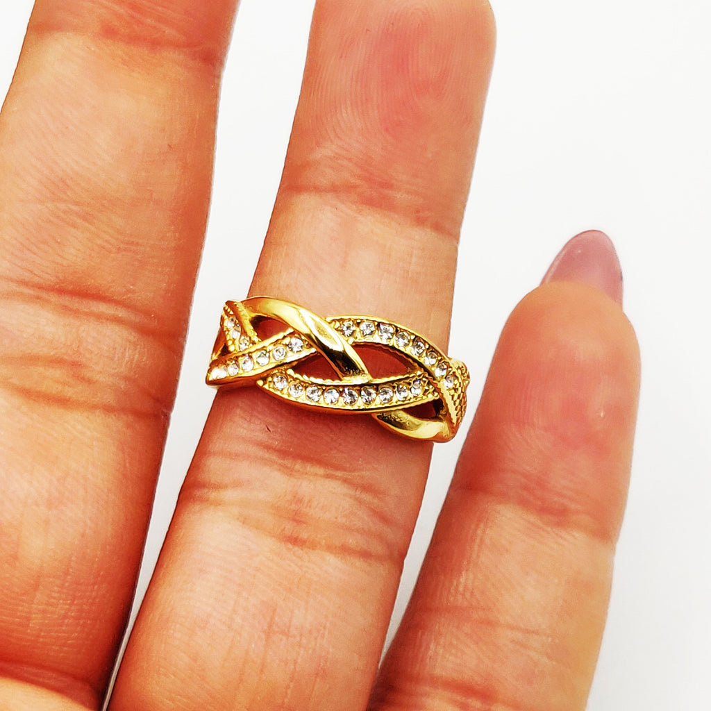 Bague Tresse Lignes Dorées et Cristaux Luxe