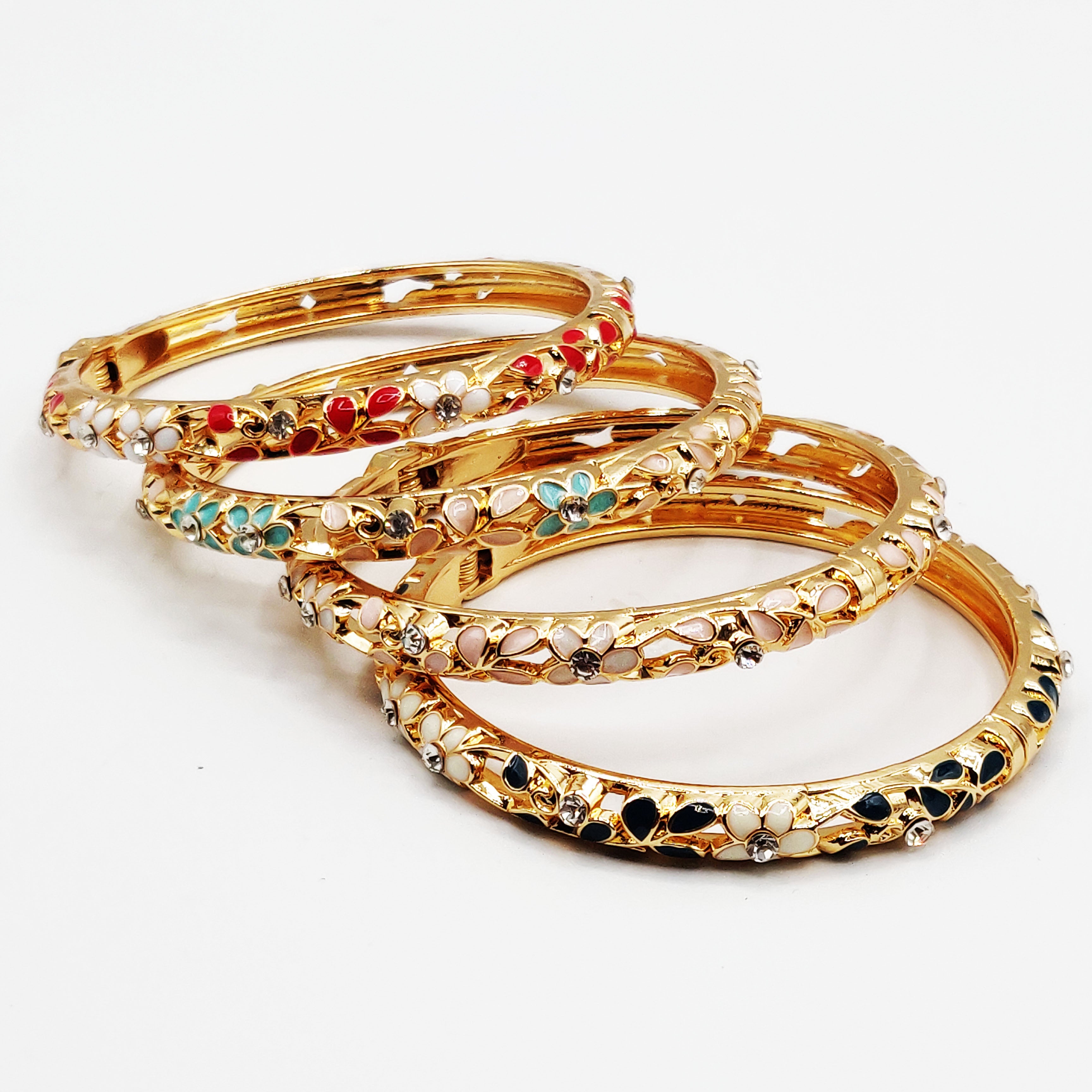 4 Bracelets Thaïlandais Dorés Fleurs Multicolores Luxe