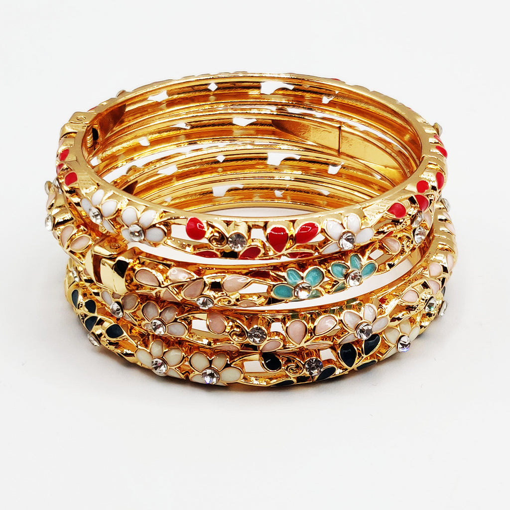 4 Bracelets Thaïlandais Dorés Fleurs Multicolores Luxe