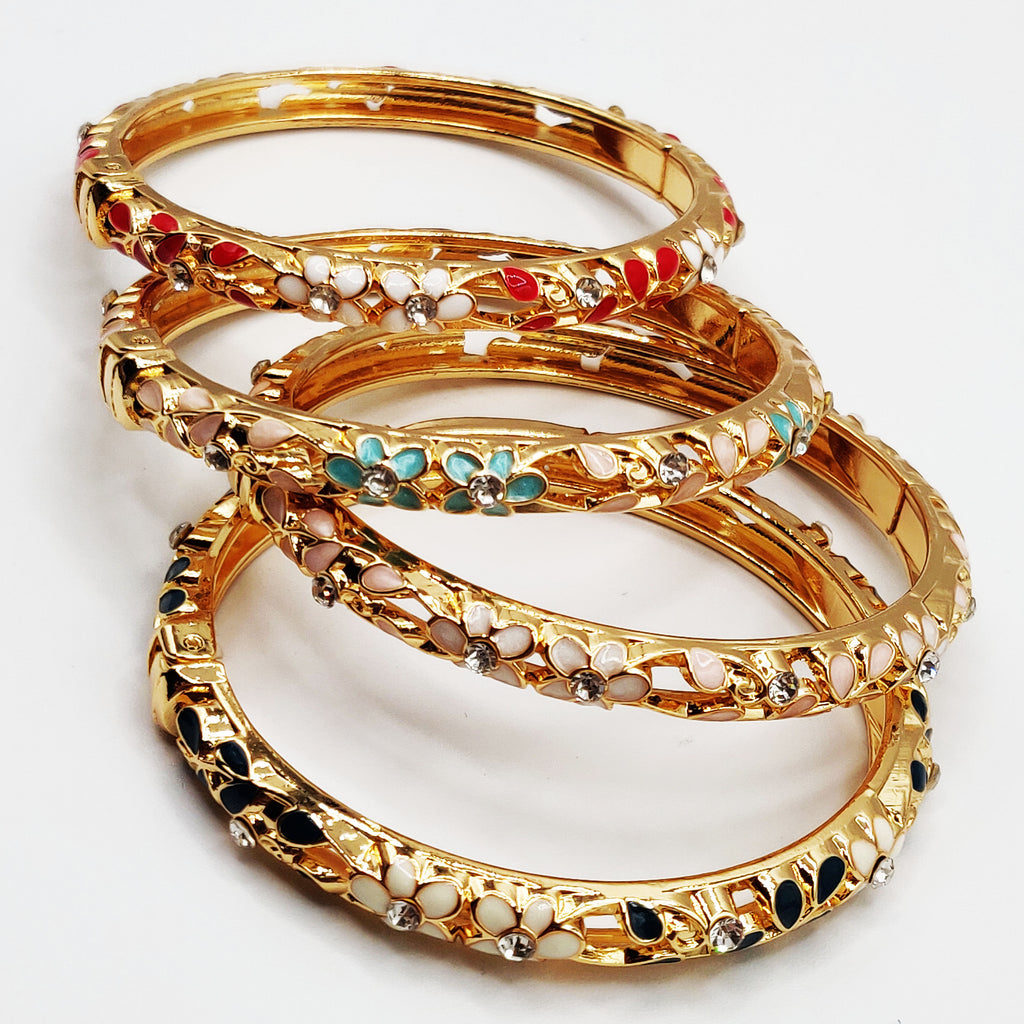 4 Bracelets Thaïlandais Dorés Fleurs Multicolores Luxe