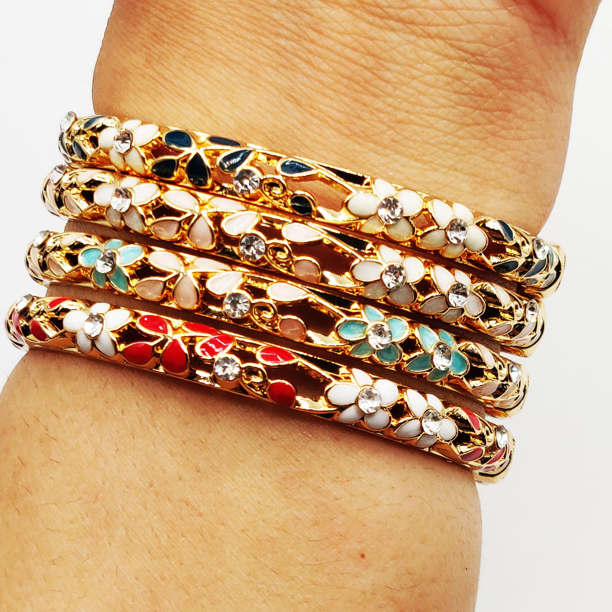 4 Bracelets Thaïlandais Dorés Fleurs Multicolores Luxe