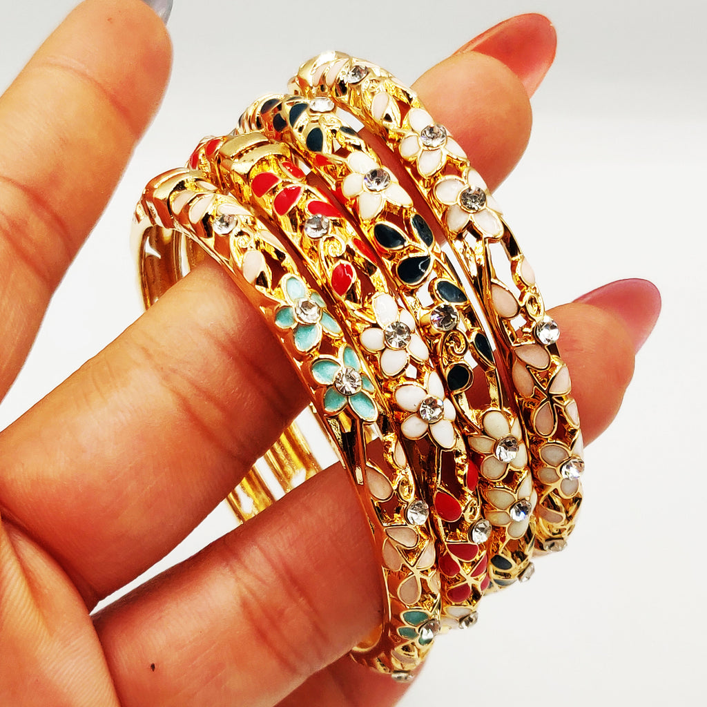 4 Bracelets Thaïlandais Dorés Fleurs Multicolores Luxe
