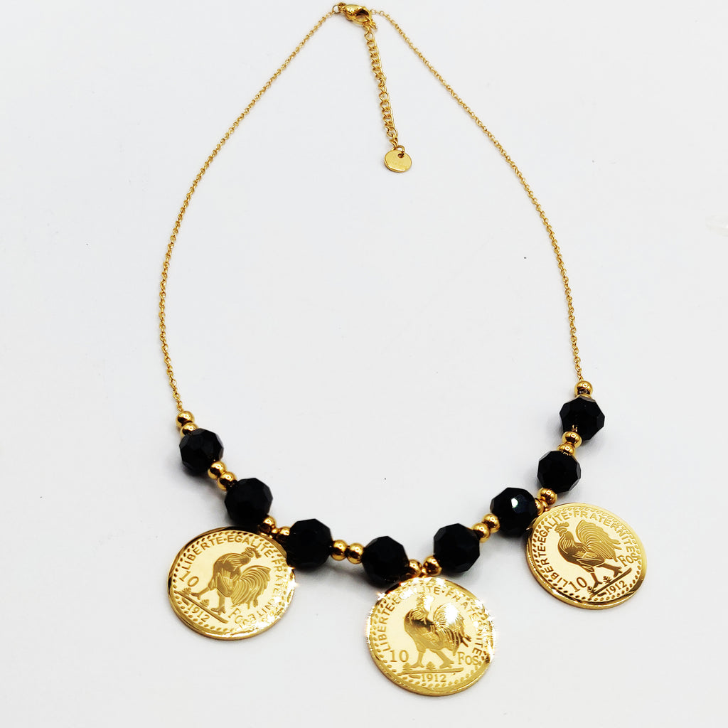 Collier Perles d'imitation Dorées et Noires Triple Pendentifs Louise Coq Luxe