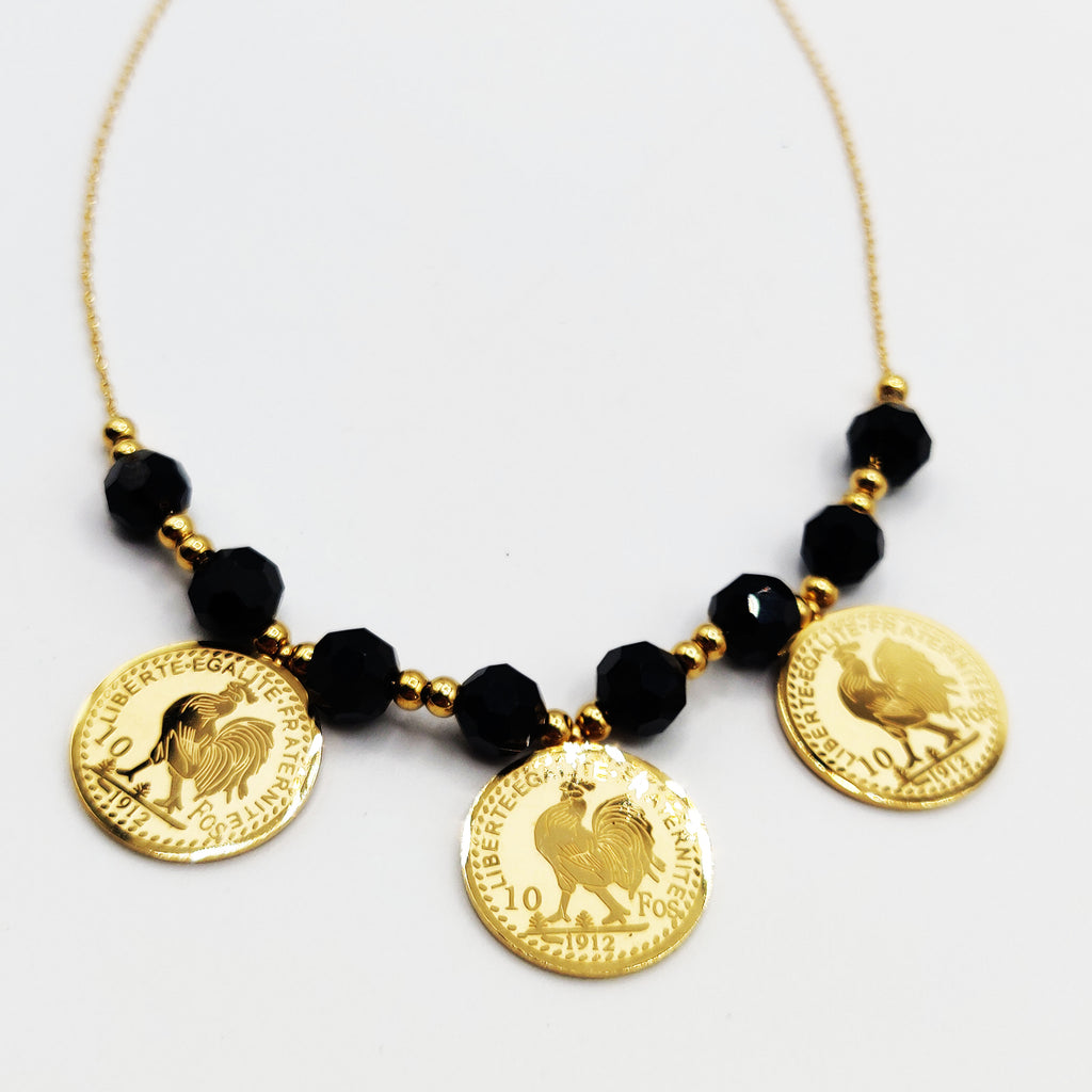 Collier Perles d'imitation Dorées et Noires Triple Pendentifs Louise Coq Luxe