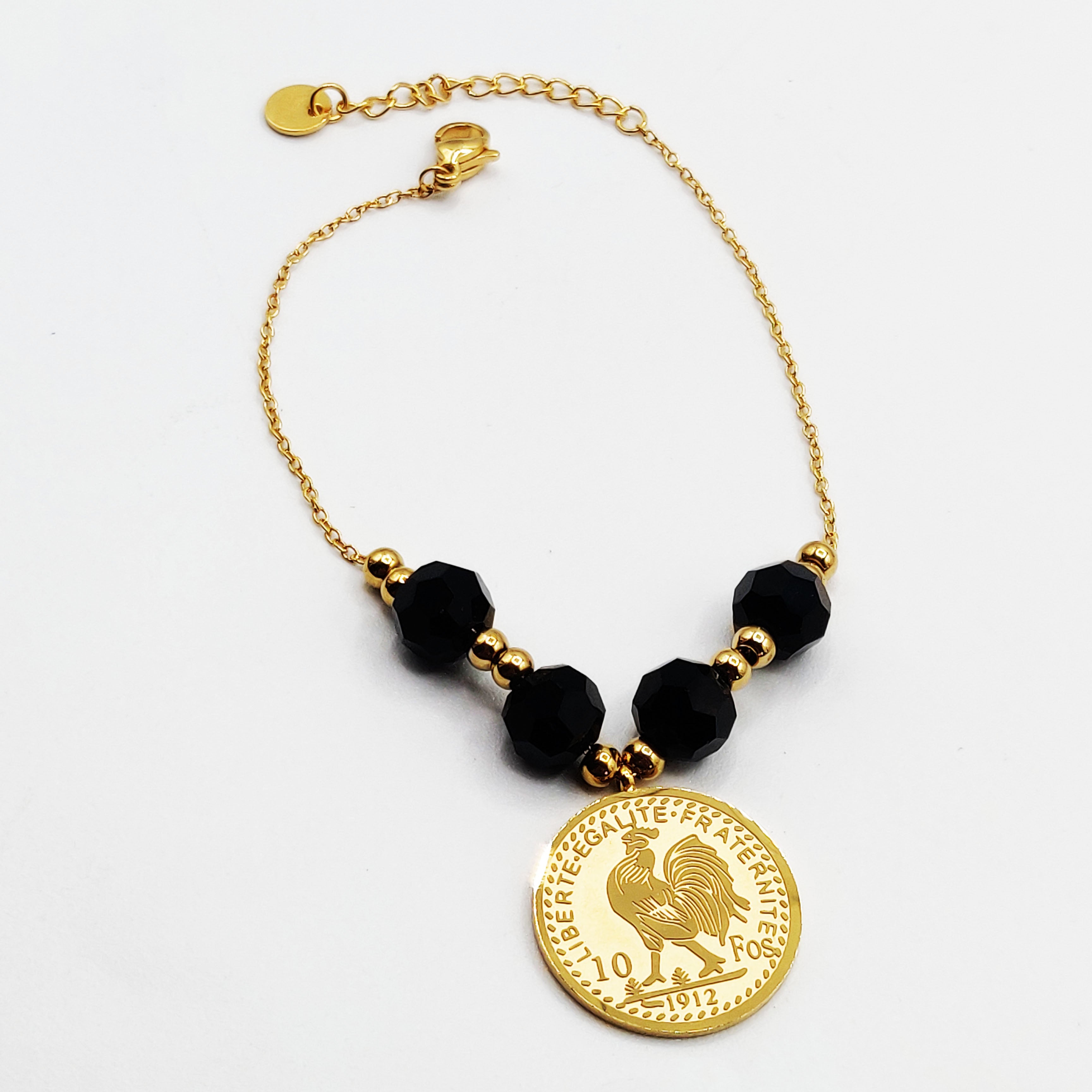 Bracelet Perles d'imitation Dorées et Noires Pendentif Louise Coq Luxe