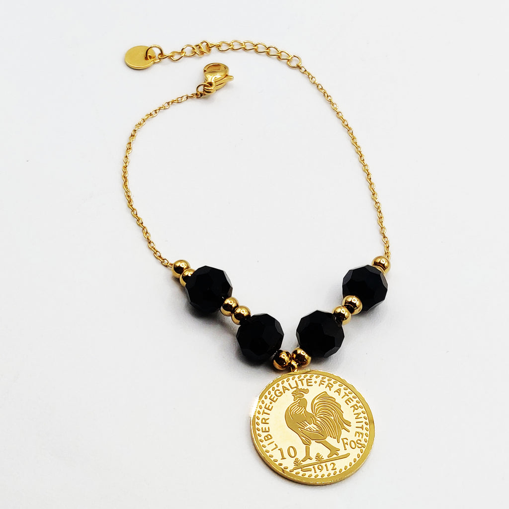 Bracelet Perles d'imitation Dorées et Noires Pendentif Louise Coq Luxe