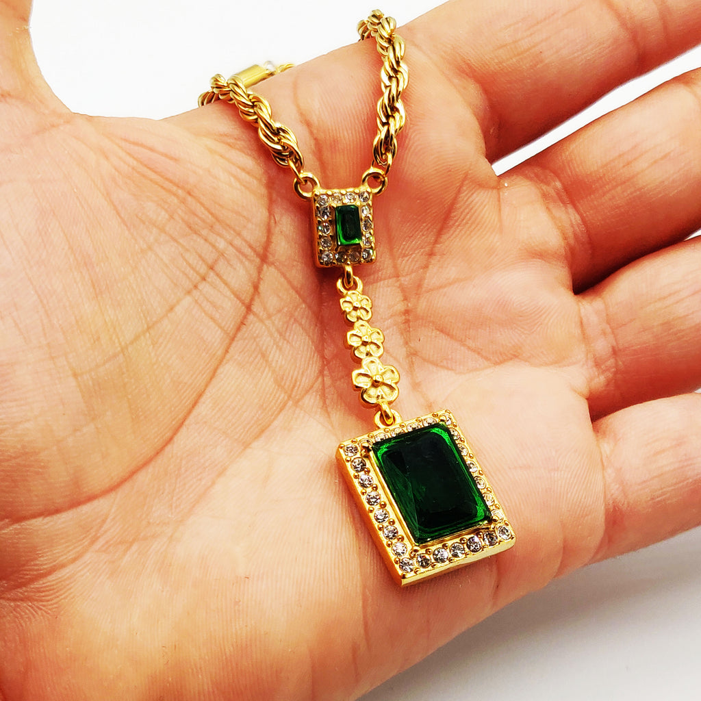 Collier Torsade Marguerites Grand Rectangle Vert Luxe