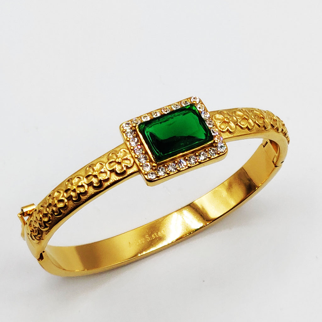 Bracelet Rigide Marguerites Grand Rectangle Vert Luxe