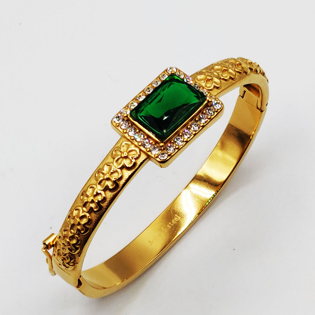 Bracelet Rigide Marguerites Grand Rectangle Vert Luxe