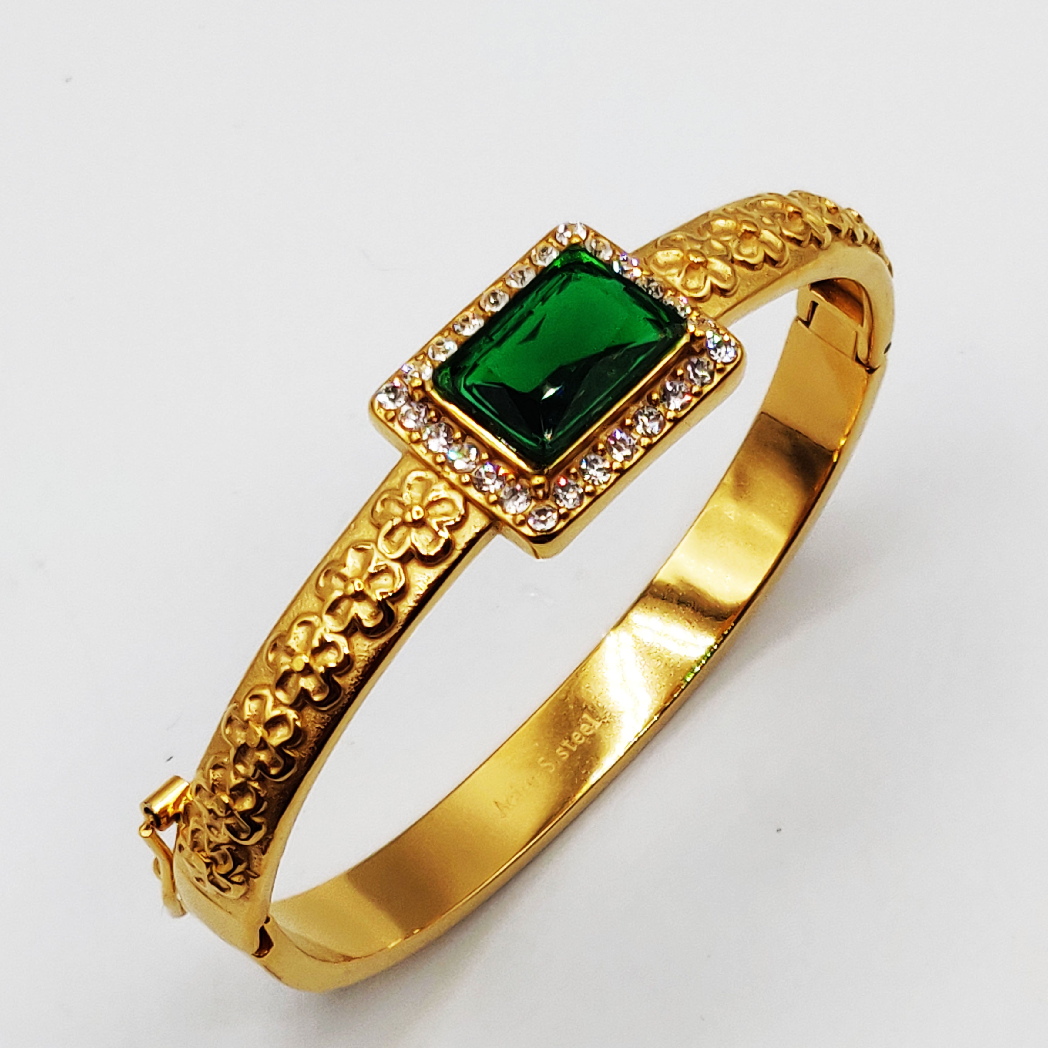 Bracelet Rigide Marguerites Grand Rectangle Vert Luxe