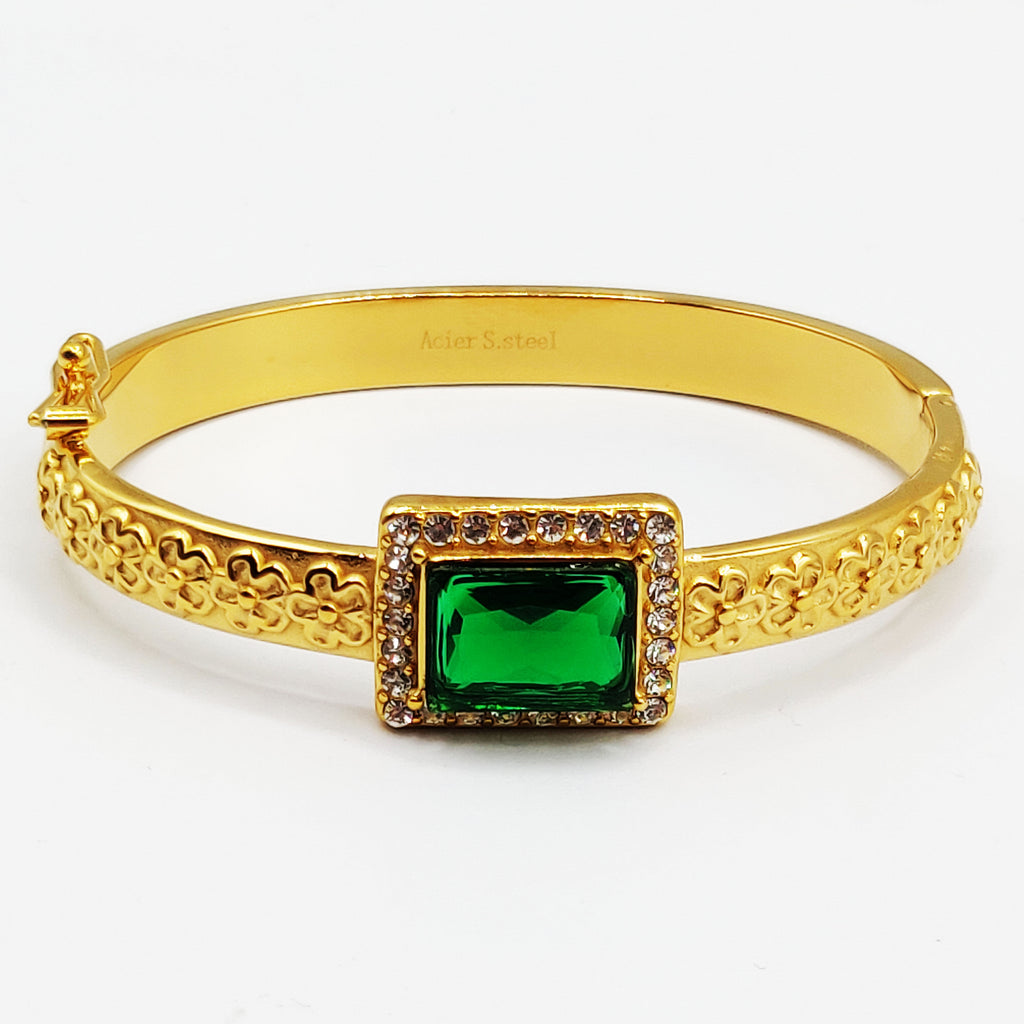 Bracelet Rigide Marguerites Grand Rectangle Vert Luxe