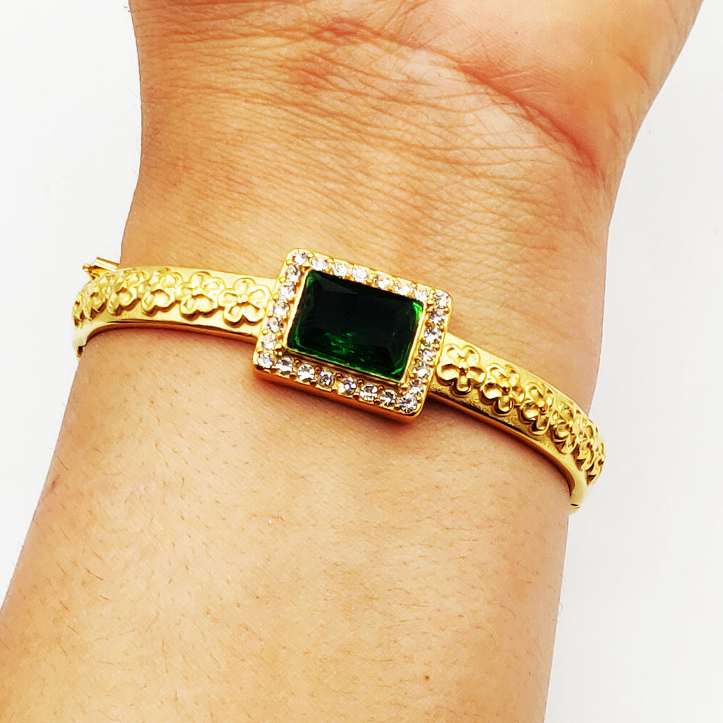 Bracelet Rigide Marguerites Grand Rectangle Vert Luxe