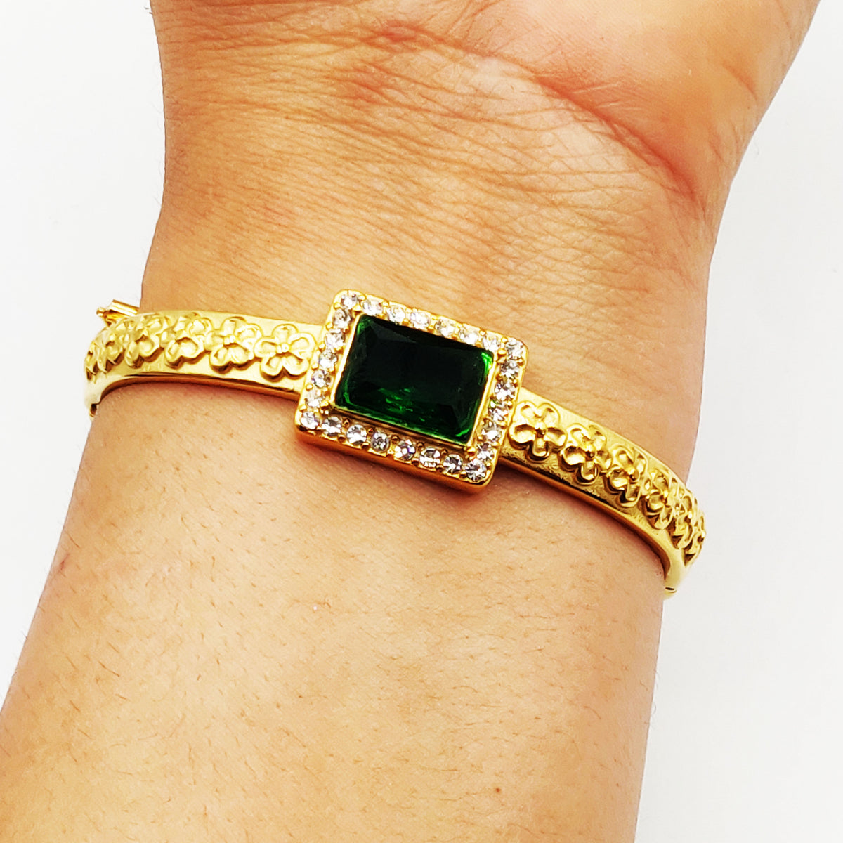 Bracelet Rigide Marguerites Grand Rectangle Vert Luxe