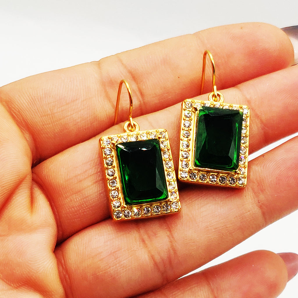 Boucles d'oreilles Marguerites Grand Rectangle Vert Luxe