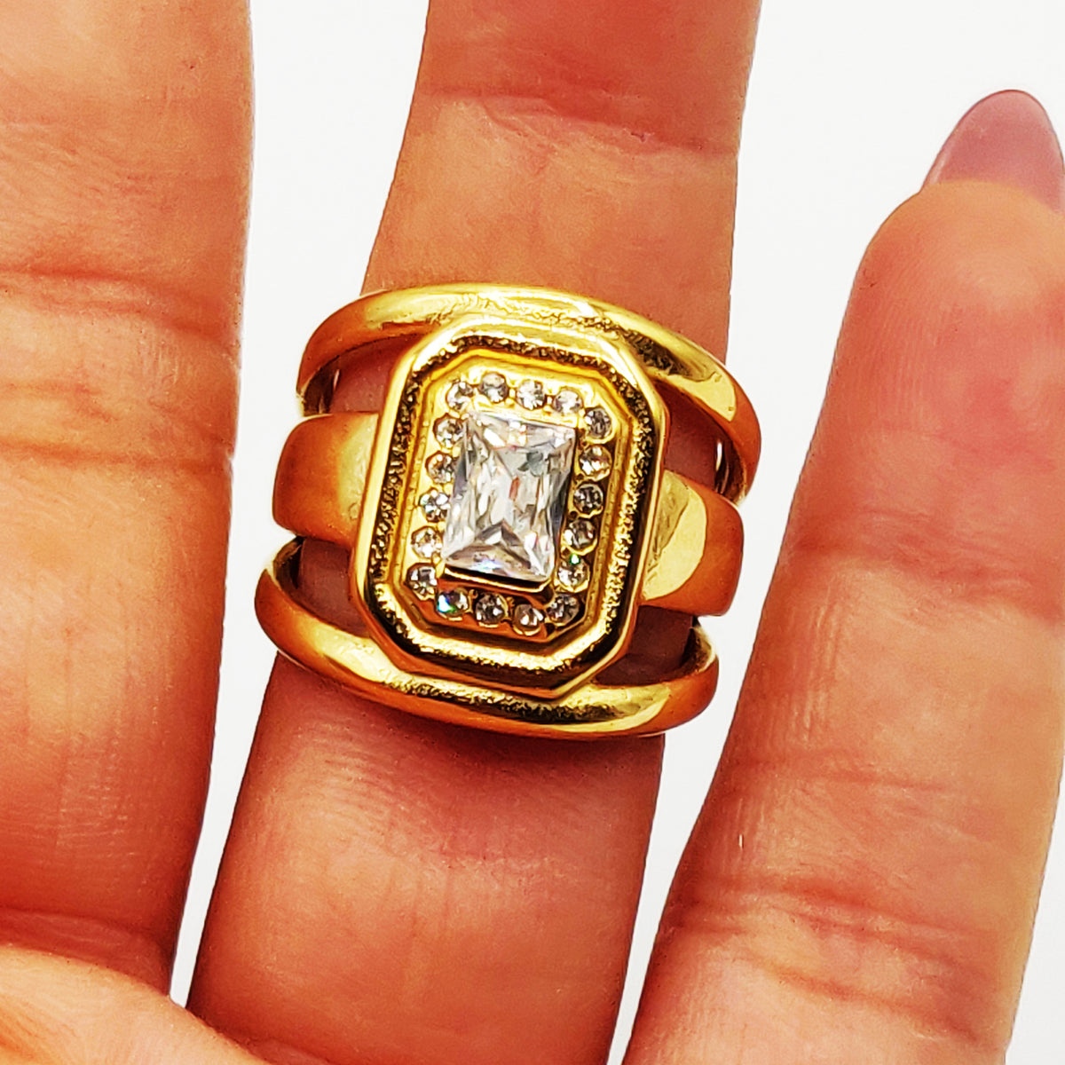 Bague Triple Lignes Grand Cristal Rectangle Luxe