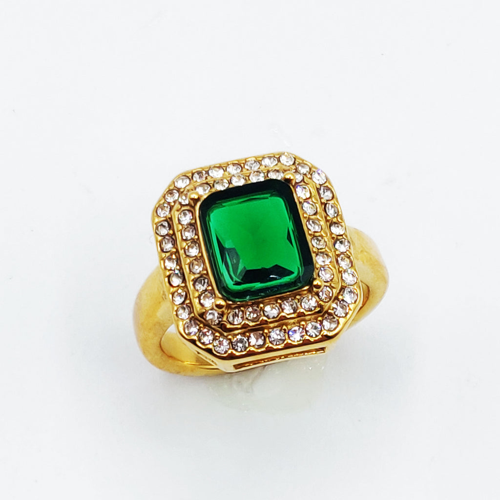 Bague Double Rectangles Cristaux Gros Cristal Vert Luxe