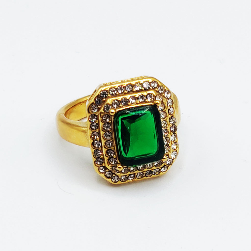 Bague Double Rectangles Cristaux Gros Cristal Vert Luxe