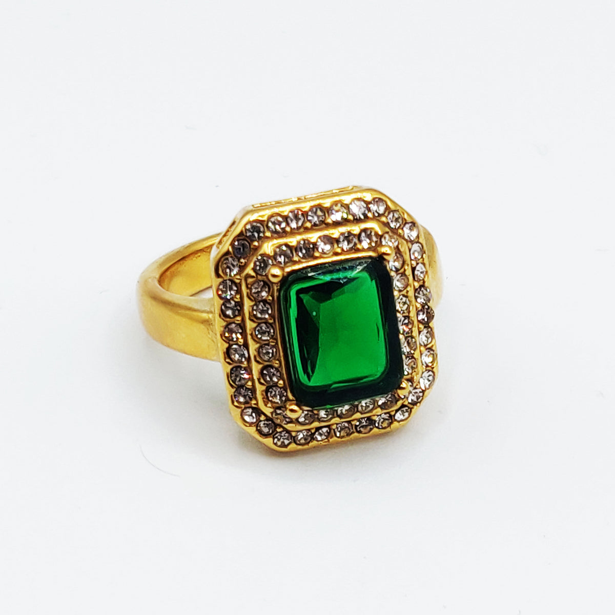 Bague Double Rectangles Cristaux Gros Cristal Vert Luxe