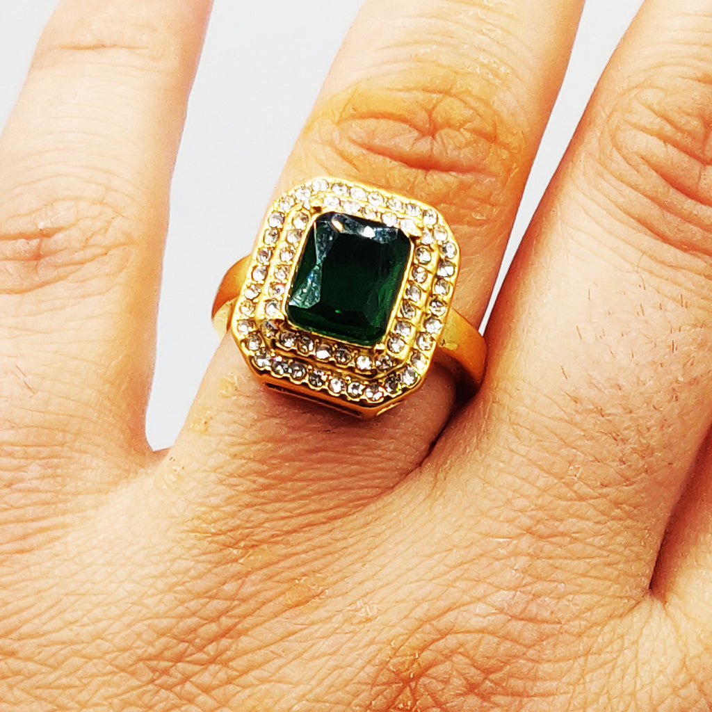 Bague Double Rectangles Cristaux Gros Cristal Vert Luxe