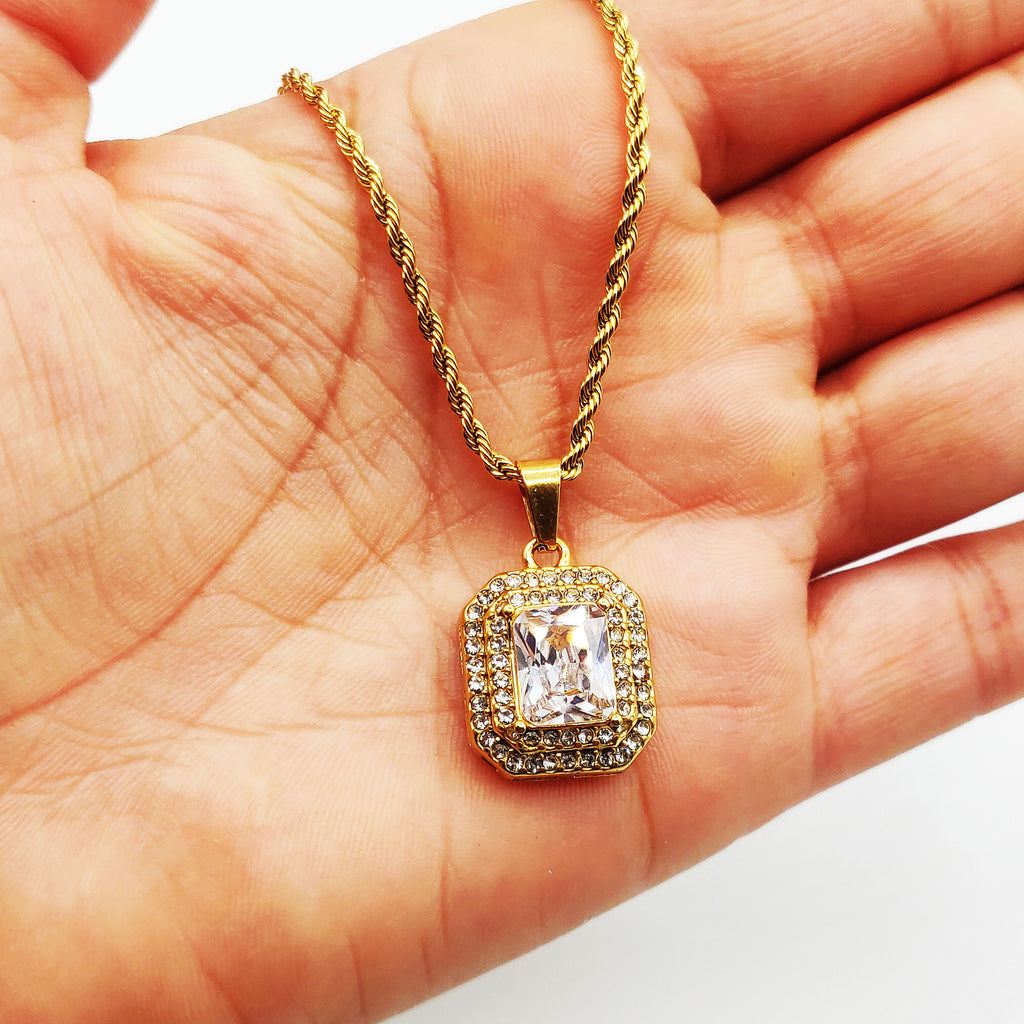 Collier Double Rectangles Cristaux Gros Cristal Luxe