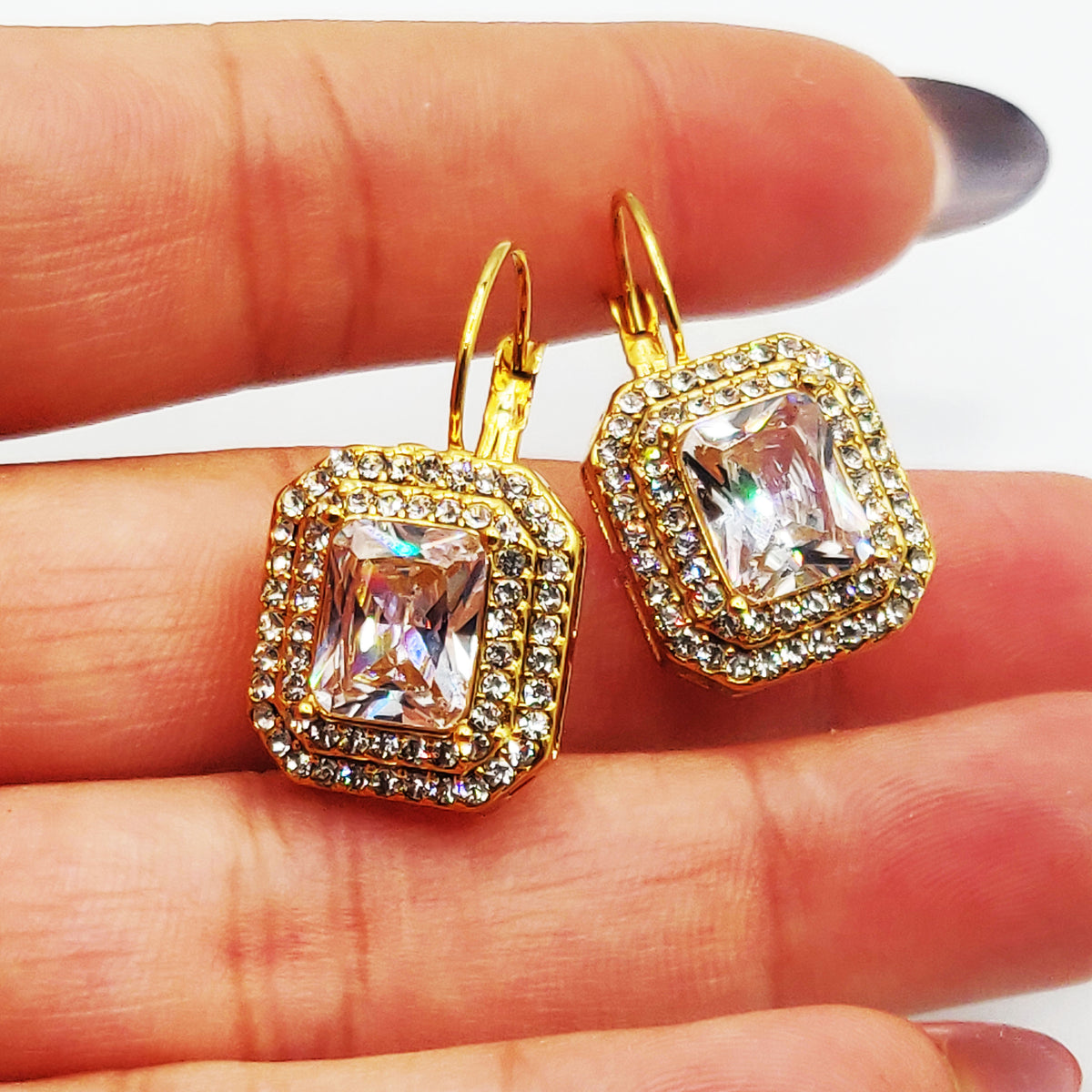 Boucles d'oreilles Double Rectangles Cristaux Gros Cristal Luxe