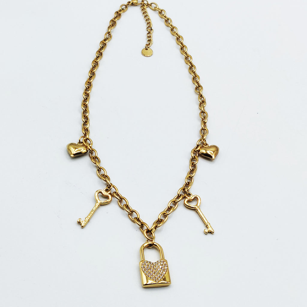 Collier Chaîne Pendentifs Cadenas, Clés et Coeurs Luxe
