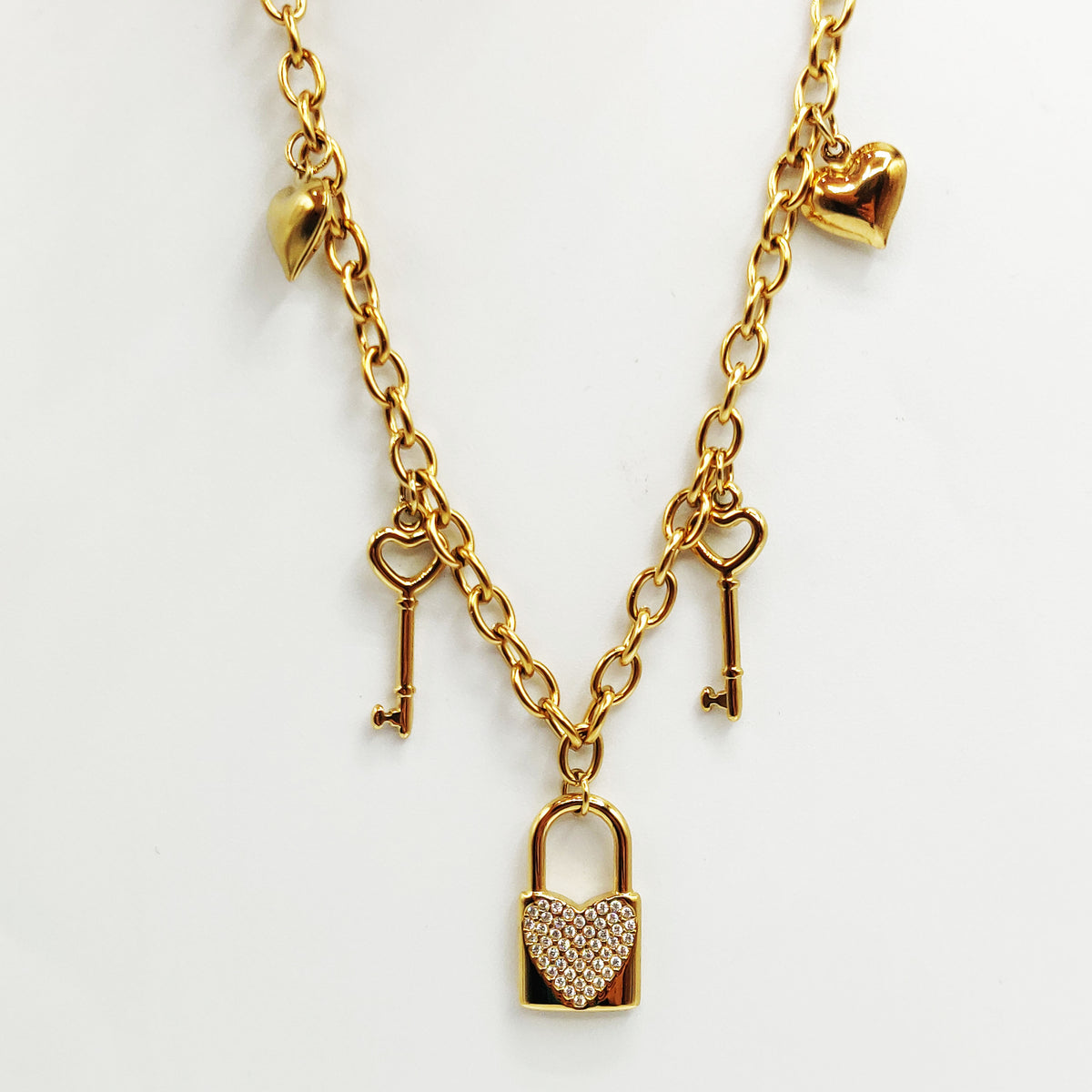 Collier Chaîne Pendentifs Cadenas, Clés et Coeurs Luxe