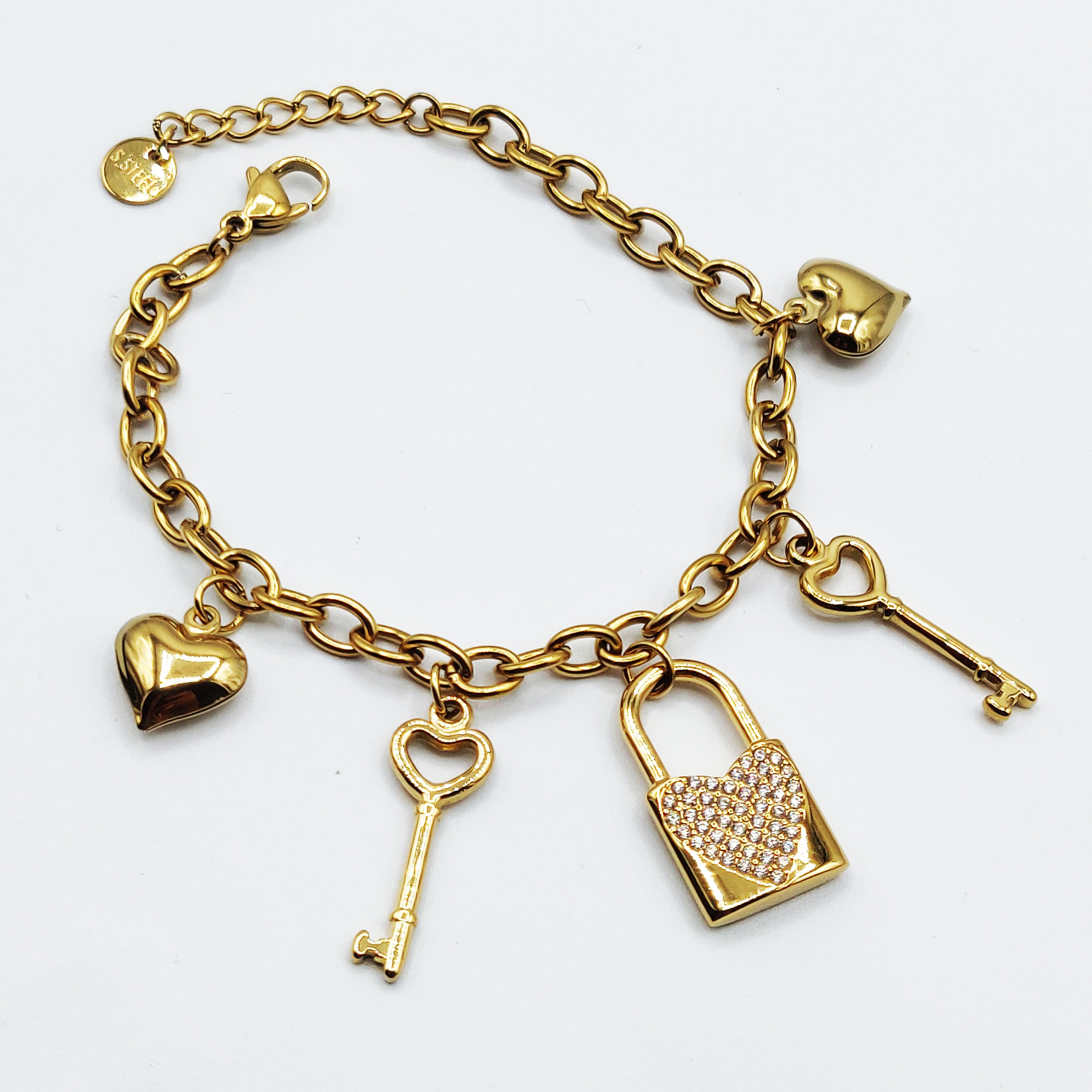 Bracelet Chaîne Pendentifs Cadenas, Clés et Coeurs Luxe