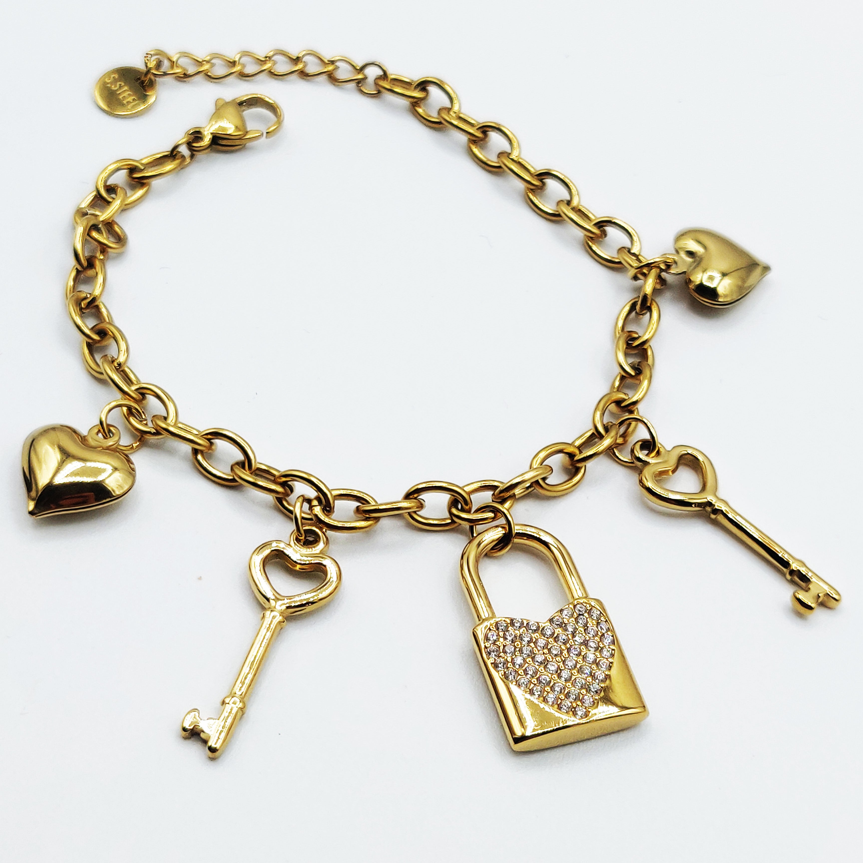 Bracelet Chaîne Pendentifs Cadenas, Clés et Coeurs Luxe