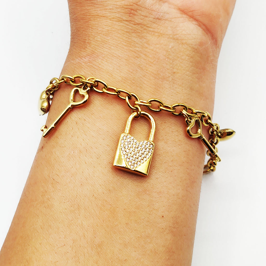 Bracelet Chaîne Pendentifs Cadenas, Clés et Coeurs Luxe