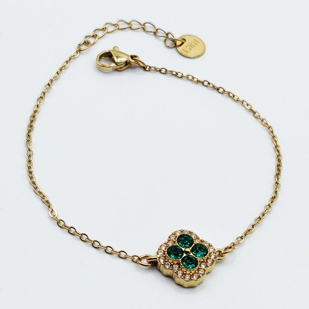 Bracelet Trèfle Cristaux Verts Tour Cristaux Luxe
