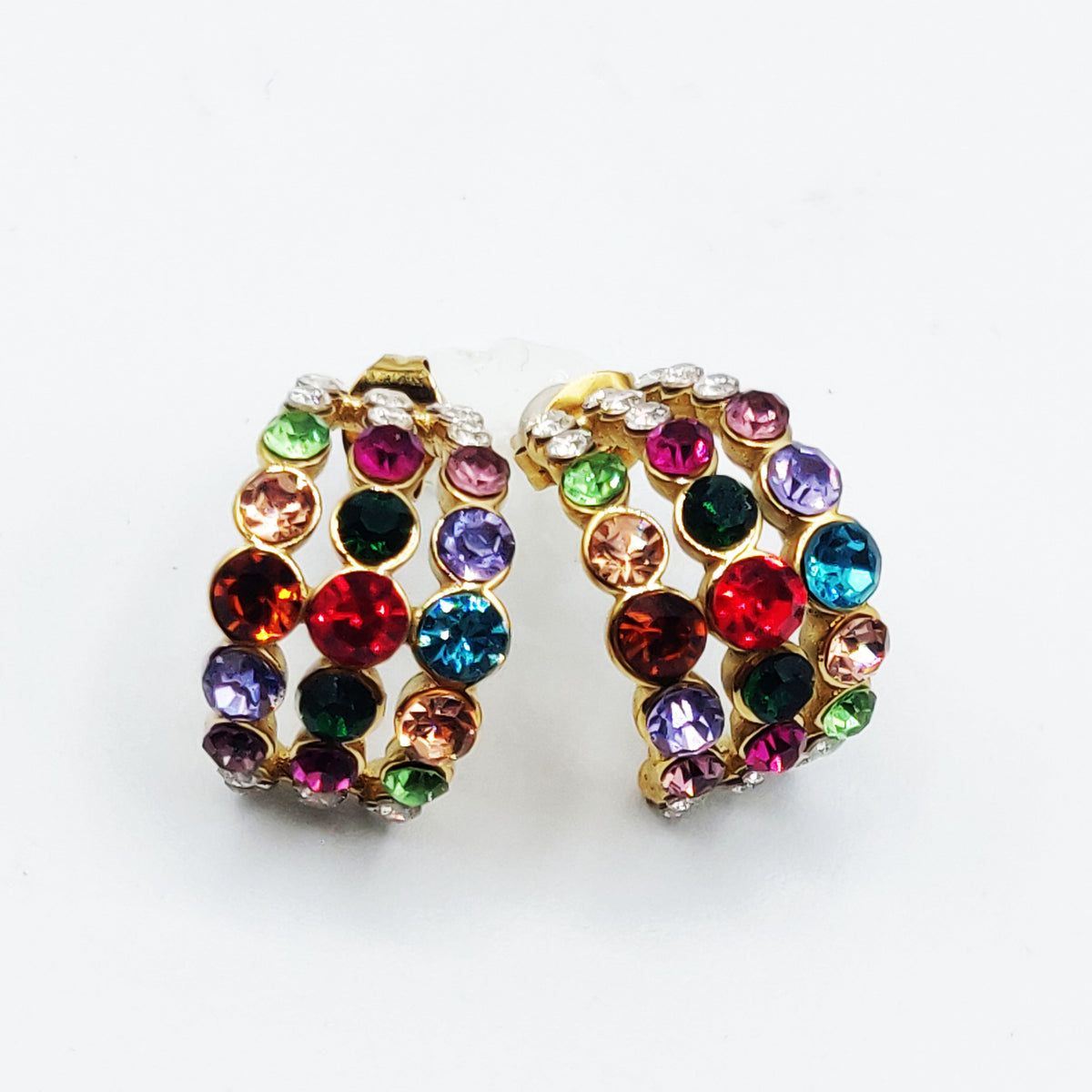 Boucles d'oreilles Créoles Triple Lignes Cristaux Multicolores Luxe