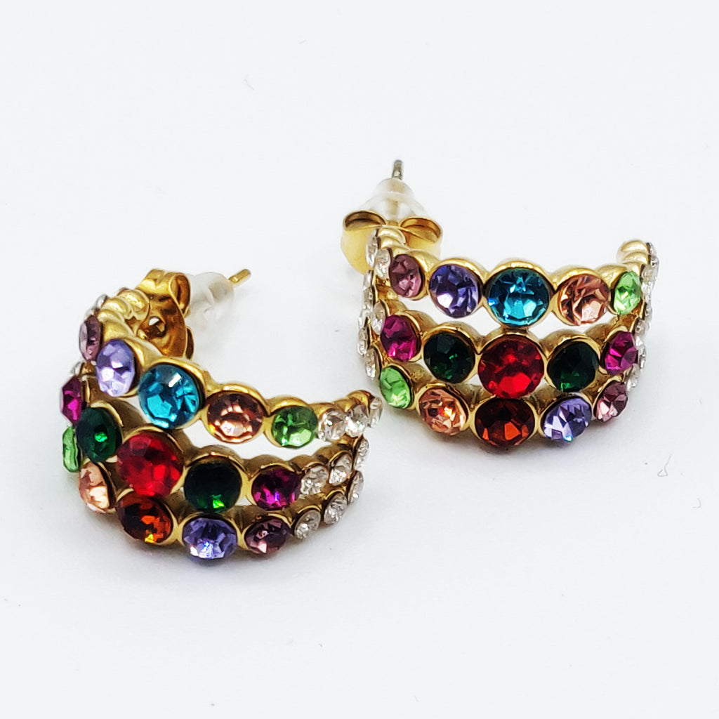 Boucles d'oreilles Créoles Triple Lignes Cristaux Multicolores Luxe