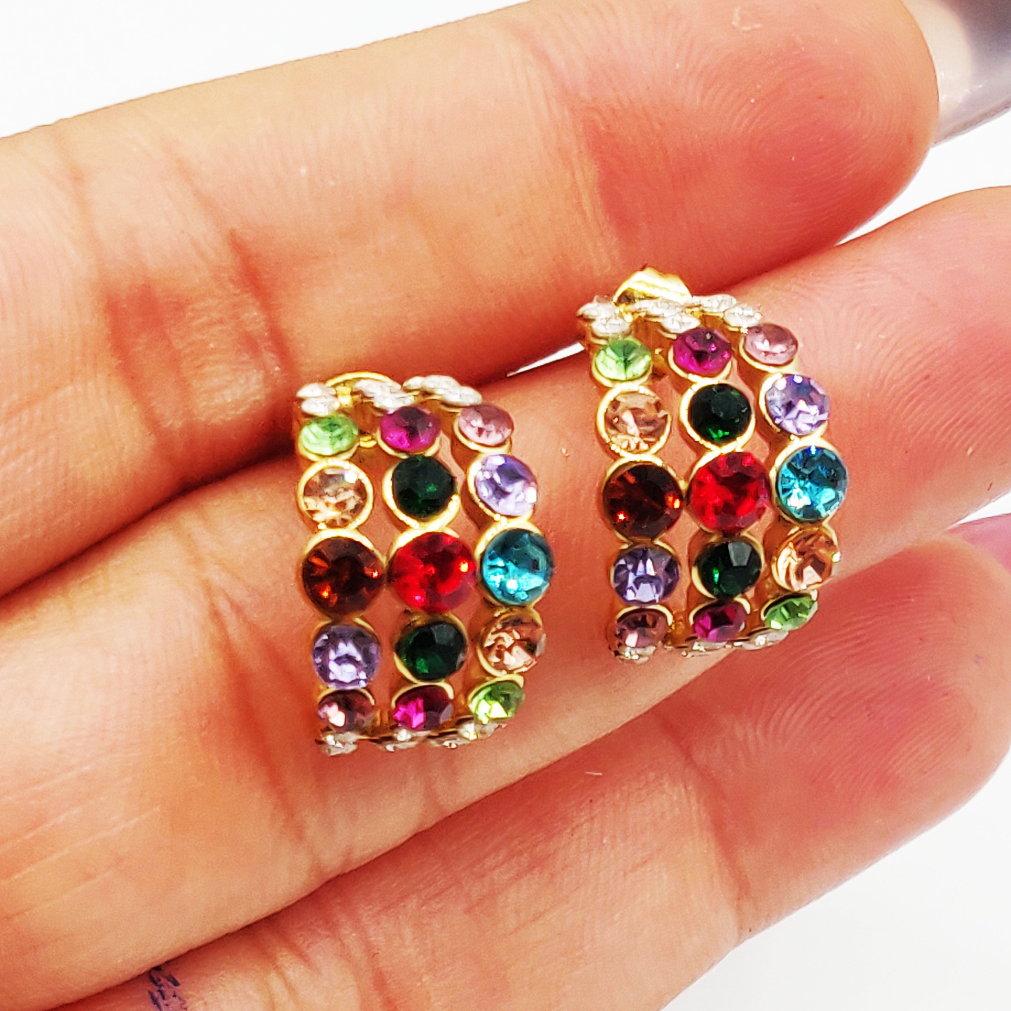 Boucles d'oreilles Créoles Triple Lignes Cristaux Multicolores Luxe